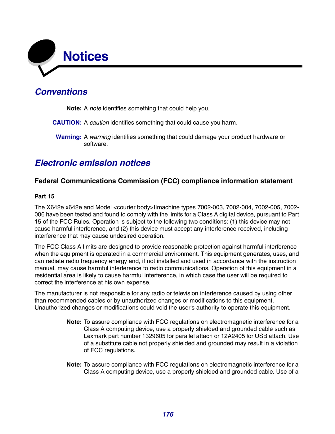 Lexmark X642e manual Conventions Electronic emission notices, 176, Part 