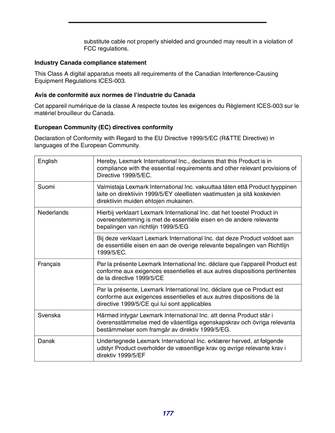 Lexmark X642e manual 177, Industry Canada compliance statement, Avis de conformité aux normes de l’industrie du Canada 