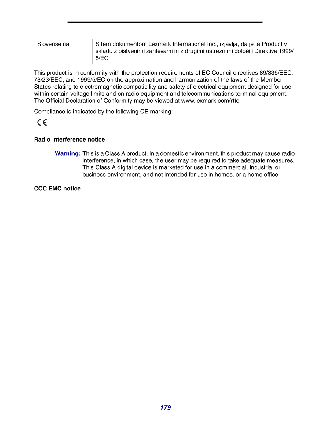 Lexmark X642e manual 179, Radio interference notice CCC EMC notice 