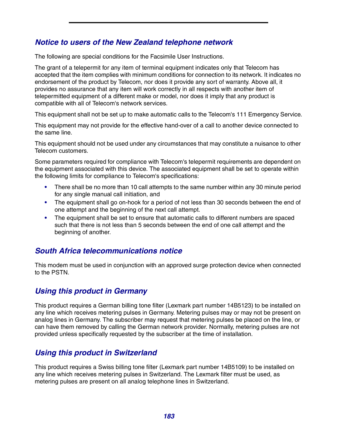 Lexmark X642e South Africa telecommunications notice, Using this product in Germany, Using this product in Switzerland 