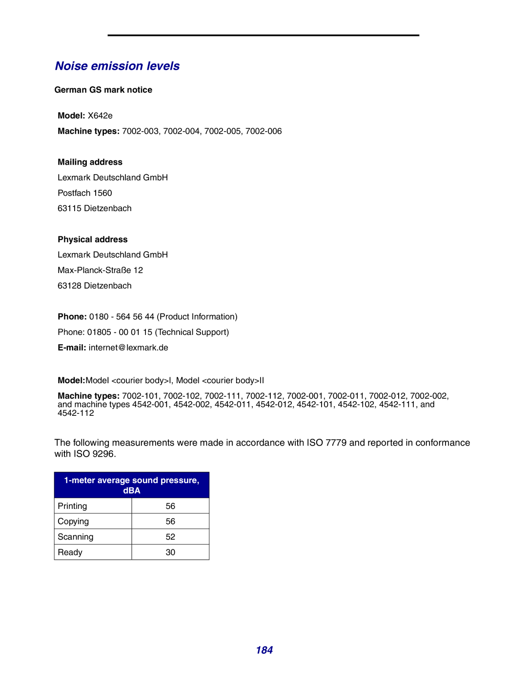 Lexmark X642e manual Noise emission levels, 184, Meter average sound pressure DBA 