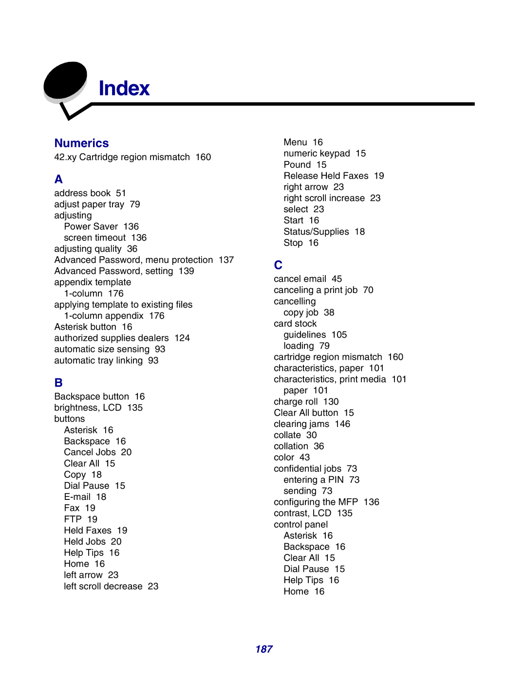 Lexmark X642e manual Index, 187 