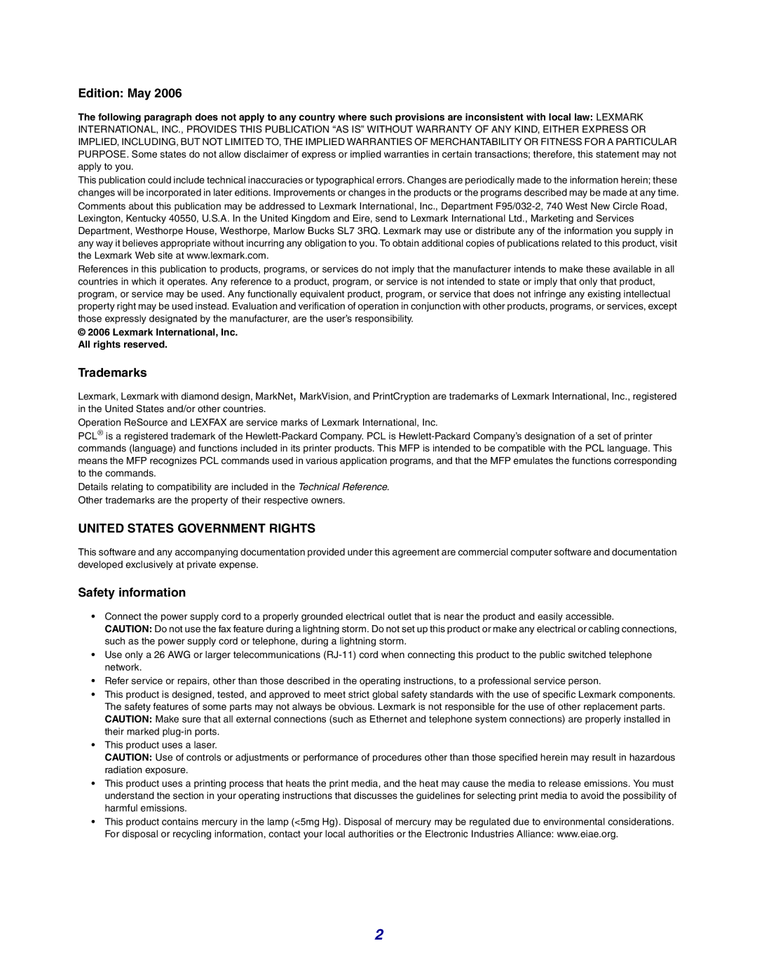 Lexmark X642e manual United States Government Rights 