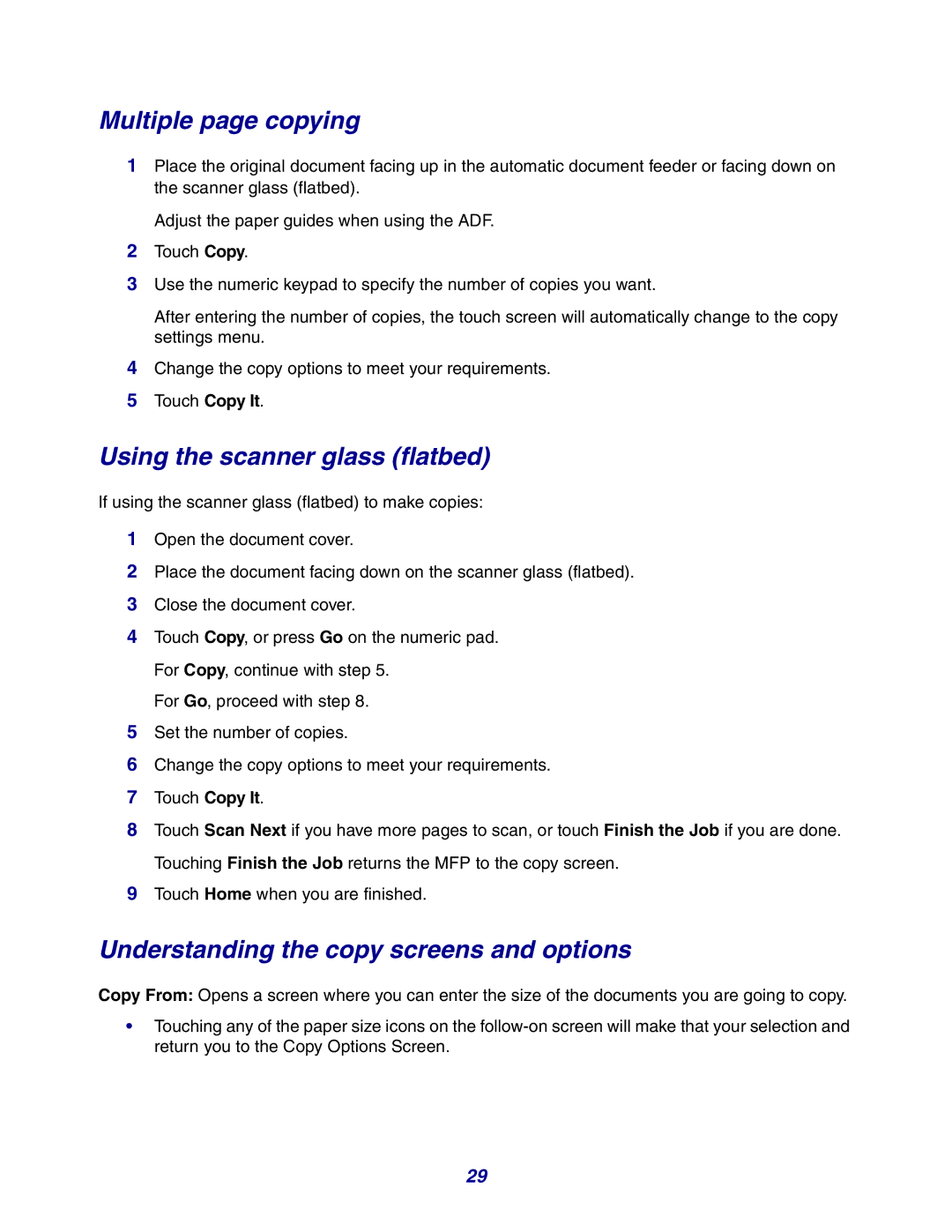 Lexmark X642e manual Multiple page copying, Using the scanner glass flatbed, Understanding the copy screens and options 