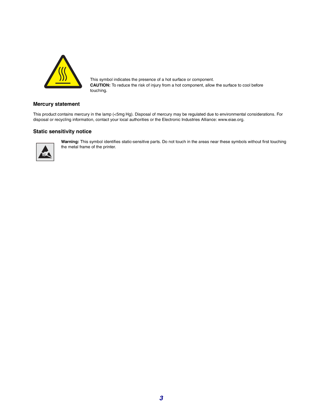 Lexmark X642e manual Mercury statement Static sensitivity notice 