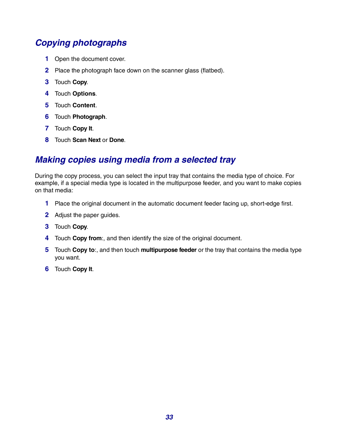 Lexmark X642e manual Copying photographs, Making copies using media from a selected tray, Touch Photograph 