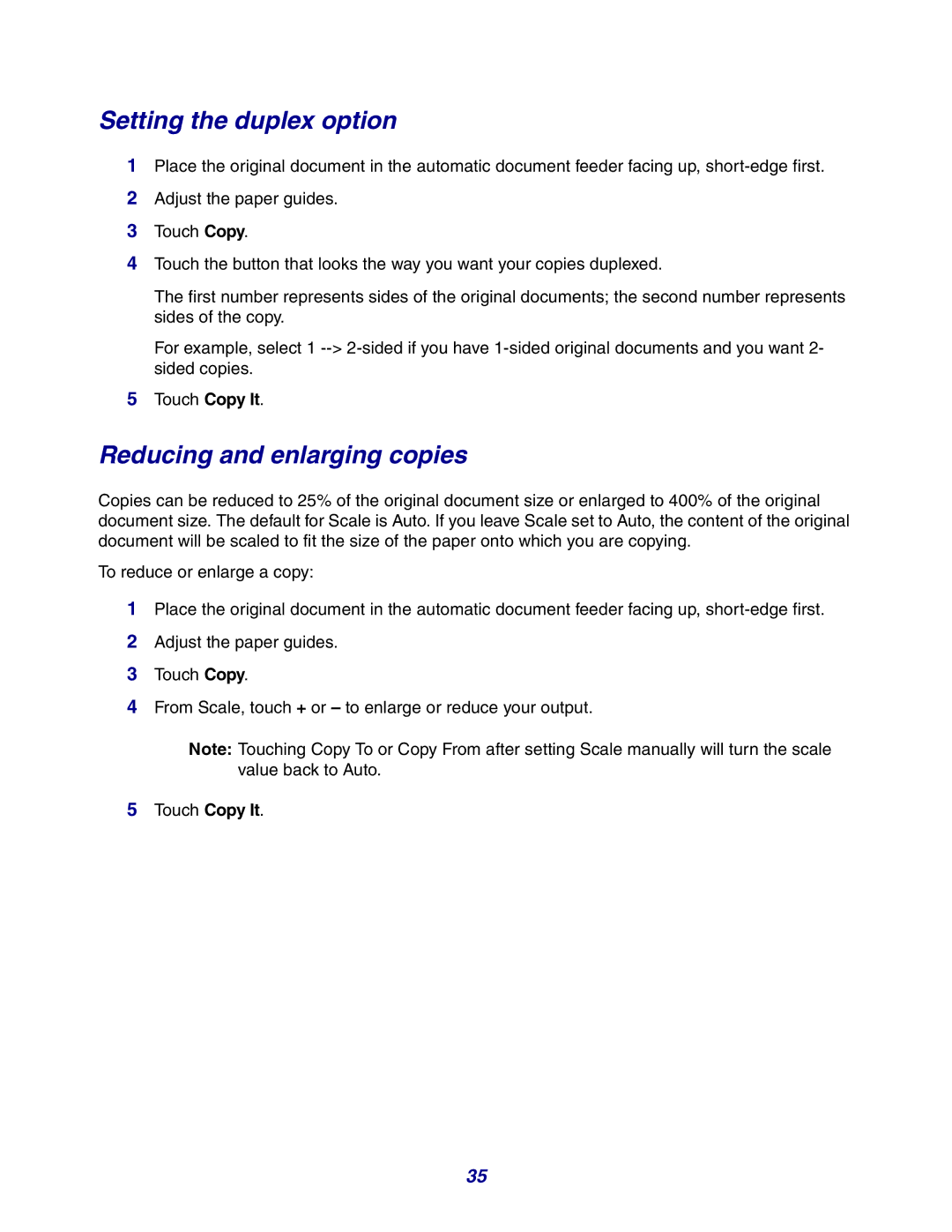 Lexmark X642e manual Setting the duplex option, Reducing and enlarging copies 