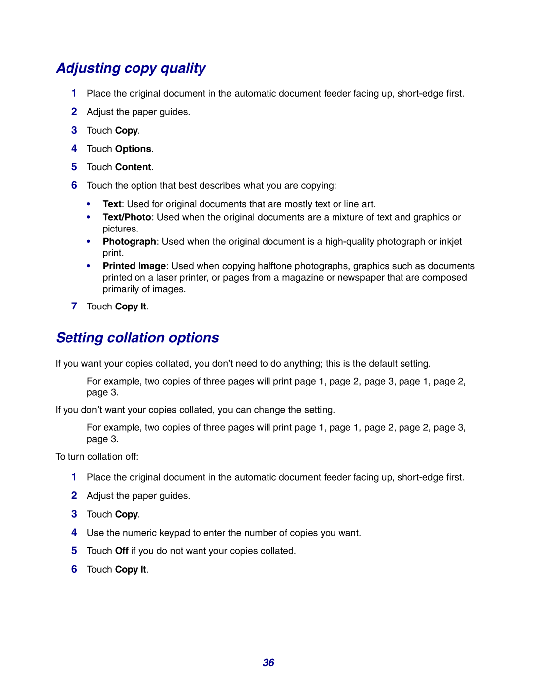 Lexmark X642e manual Adjusting copy quality, Setting collation options 