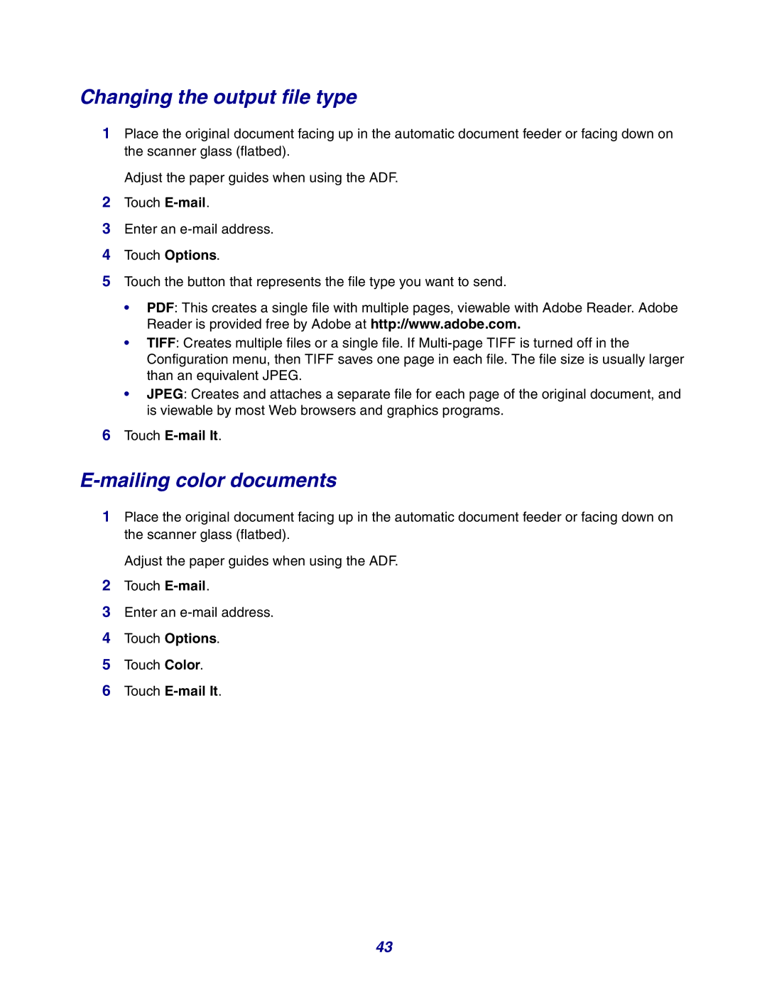 Lexmark X642e manual Changing the output file type, Mailing color documents 