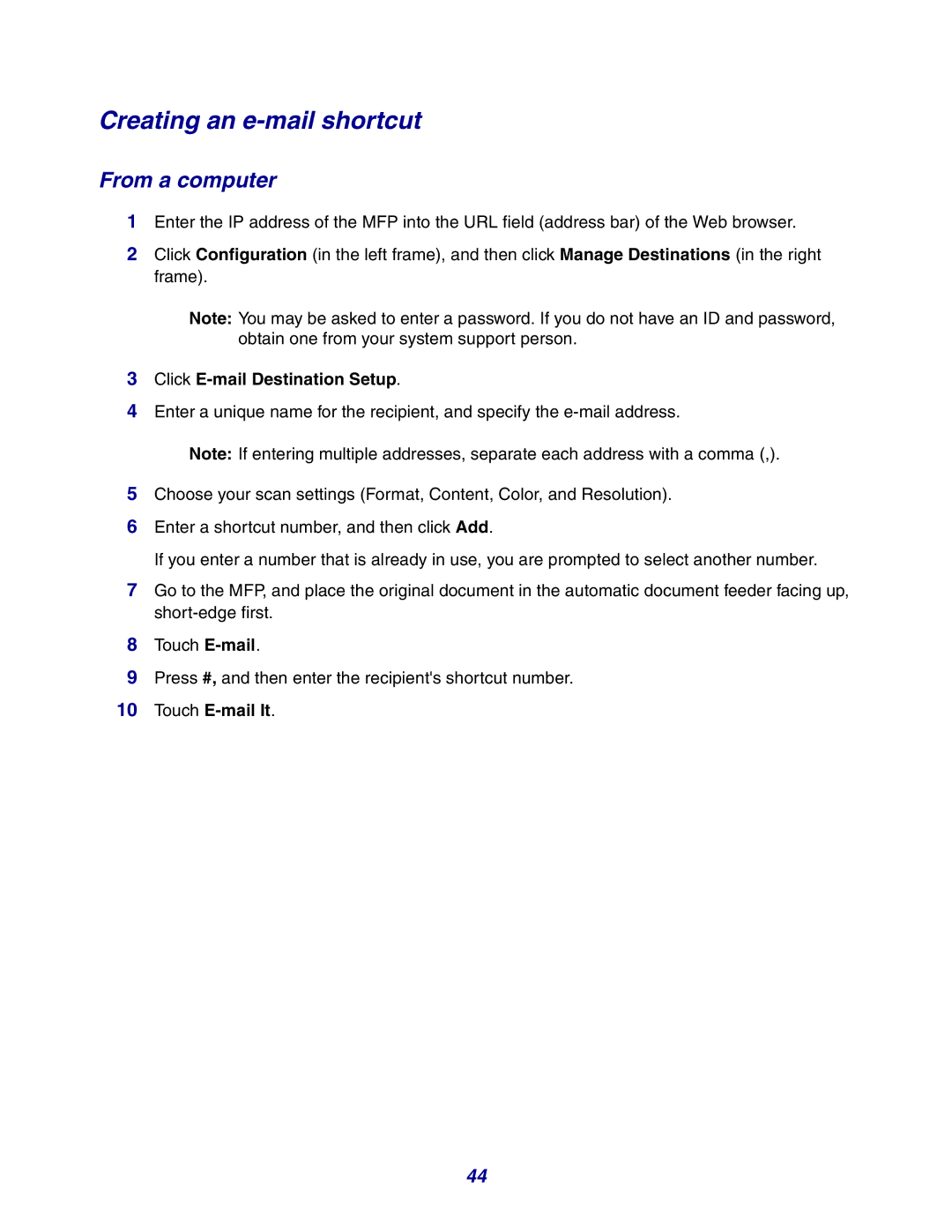 Lexmark X642e manual Creating an e-mail shortcut, From a computer, Click E-mail Destination Setup 