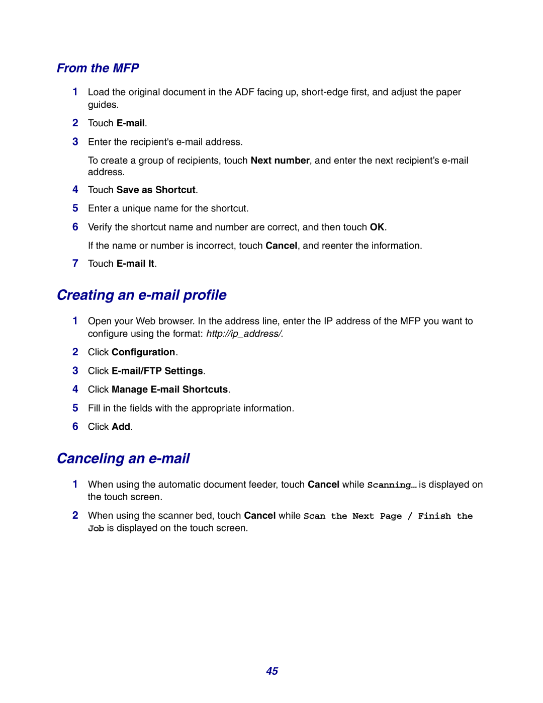 Lexmark X642e manual Creating an e-mail profile, Canceling an e-mail, From the MFP, Touch Save as Shortcut 