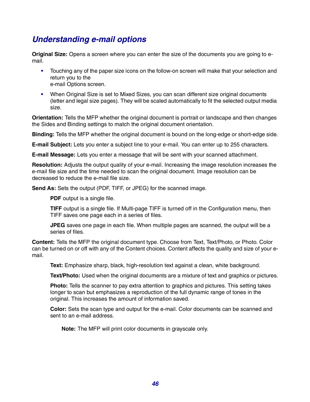 Lexmark X642e manual Understanding e-mail options 