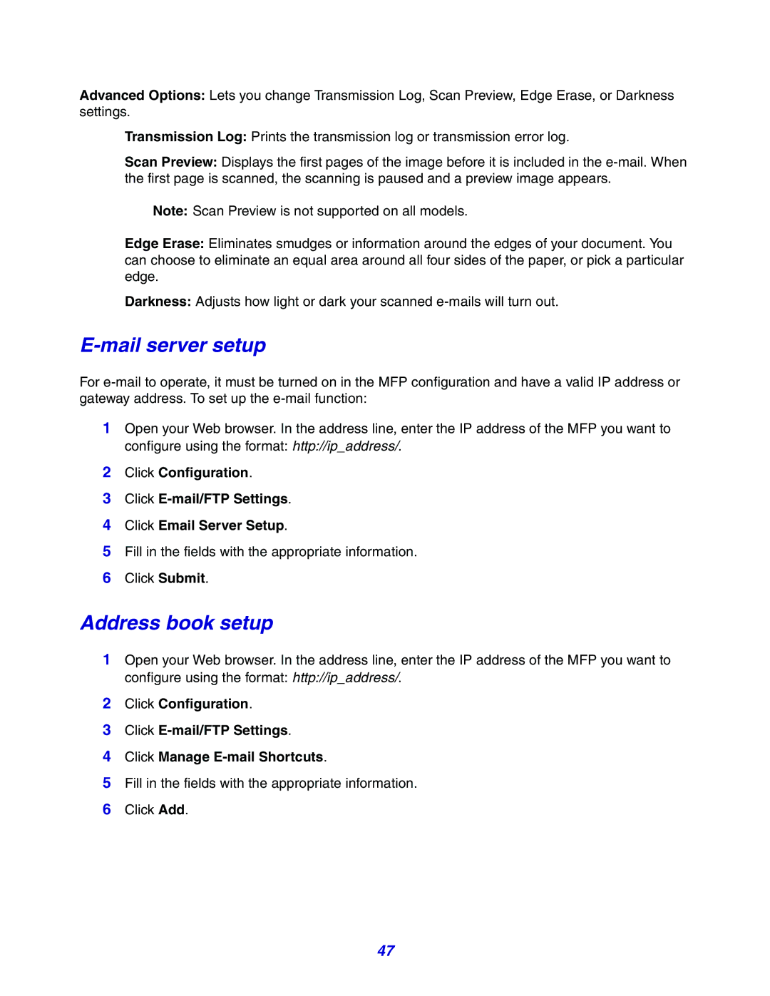 Lexmark X642e manual Mail server setup, Address book setup 