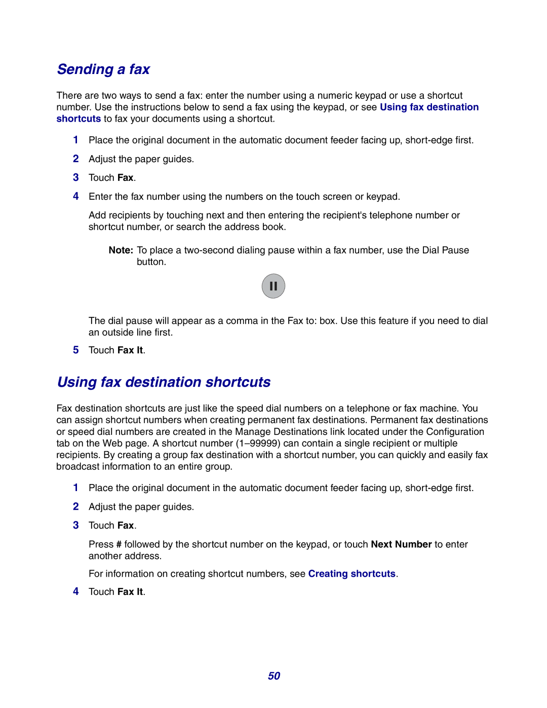 Lexmark X642e manual Sending a fax, Using fax destination shortcuts 