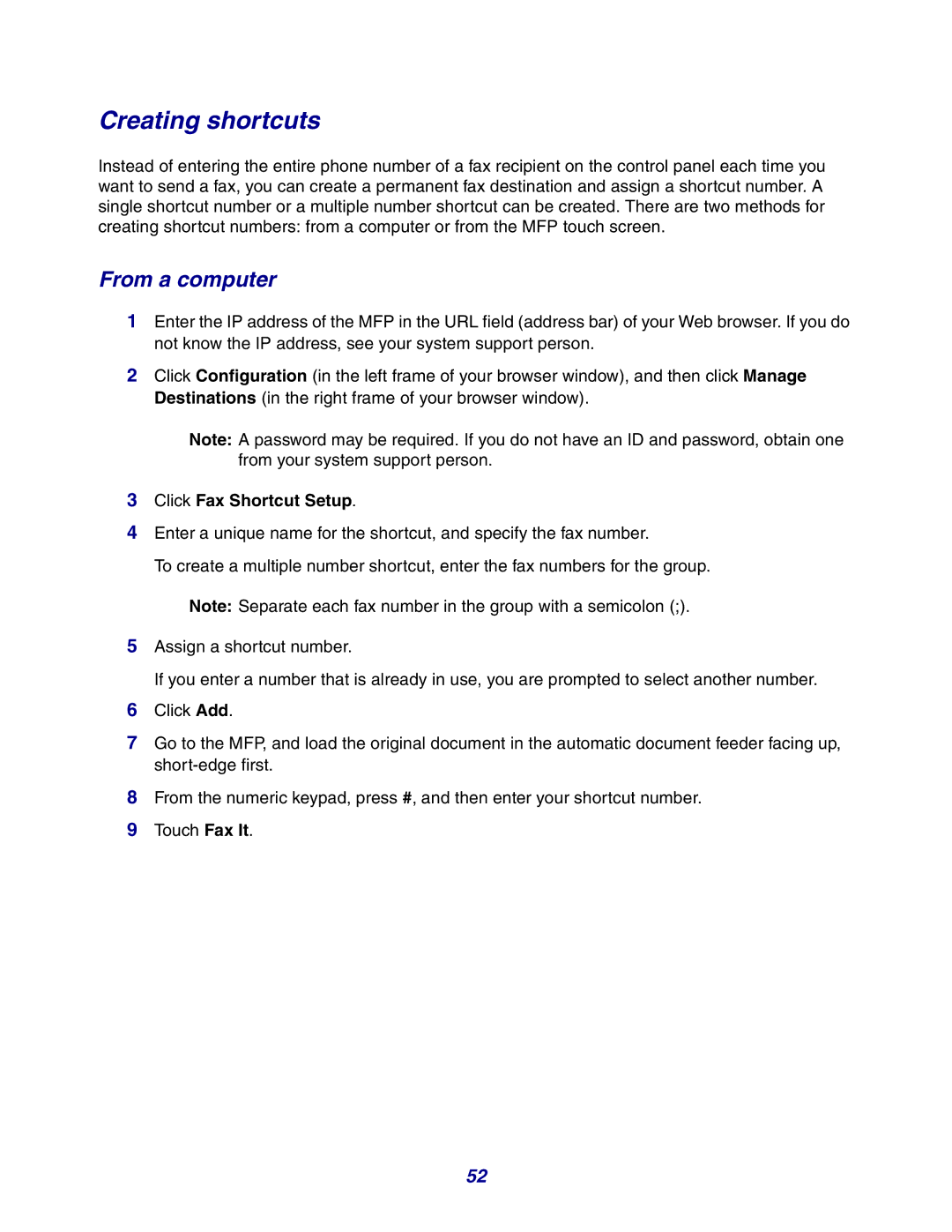 Lexmark X642e manual Creating shortcuts, Click Fax Shortcut Setup 