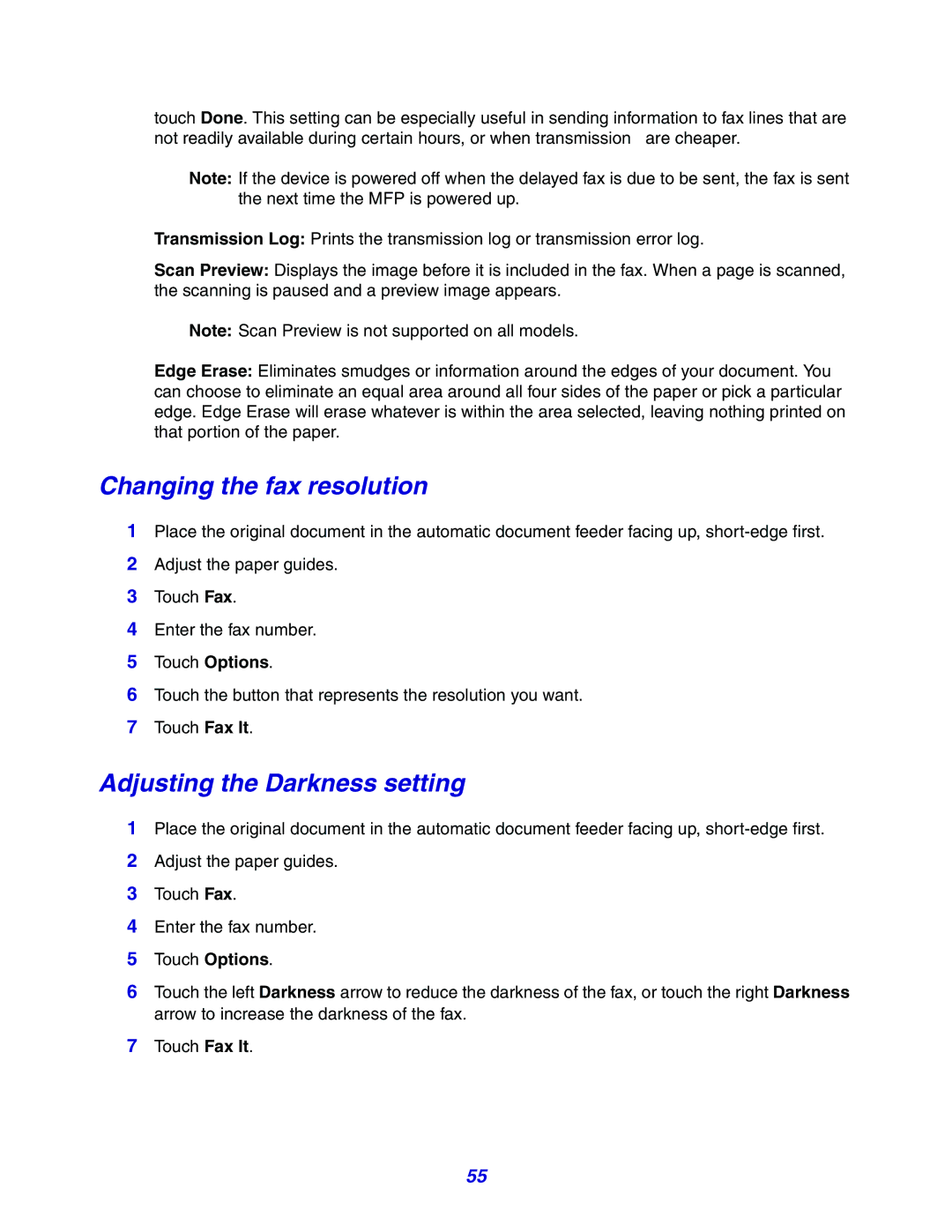 Lexmark X642e manual Changing the fax resolution, Adjusting the Darkness setting 