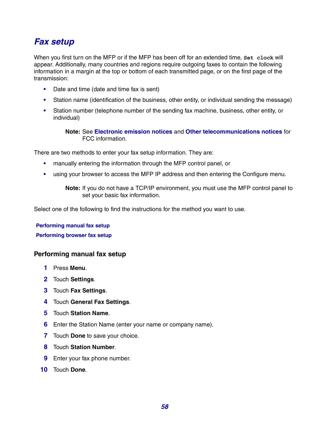 Lexmark X642e manual Fax setup, Touch Station Number 