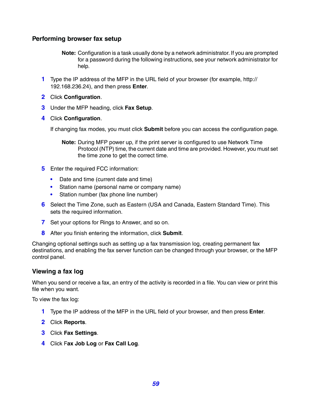 Lexmark X642e manual Click Configuration, Click Fax Settings Click Fax Job Log or Fax Call Log 