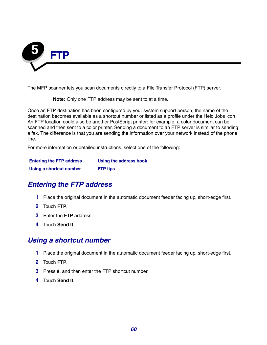 Lexmark X642e manual Ftp, Entering the FTP address 