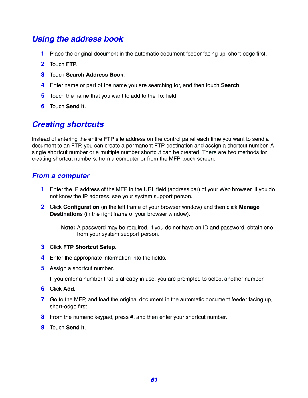 Lexmark X642e manual Using the address book, Click FTP Shortcut Setup 