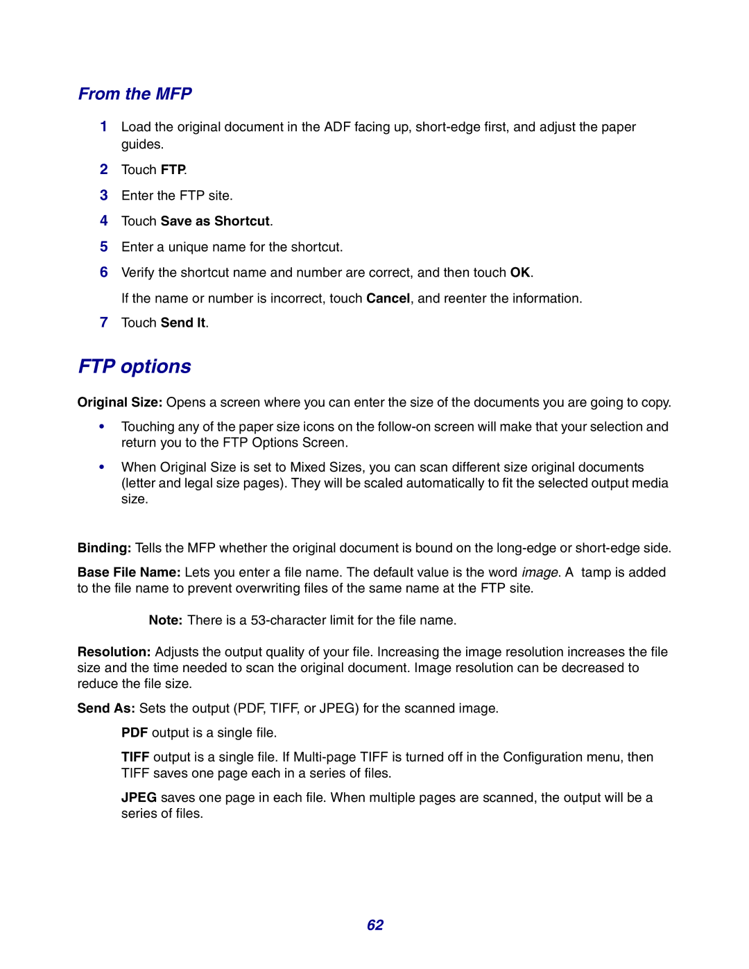 Lexmark X642e manual FTP options, From the MFP 