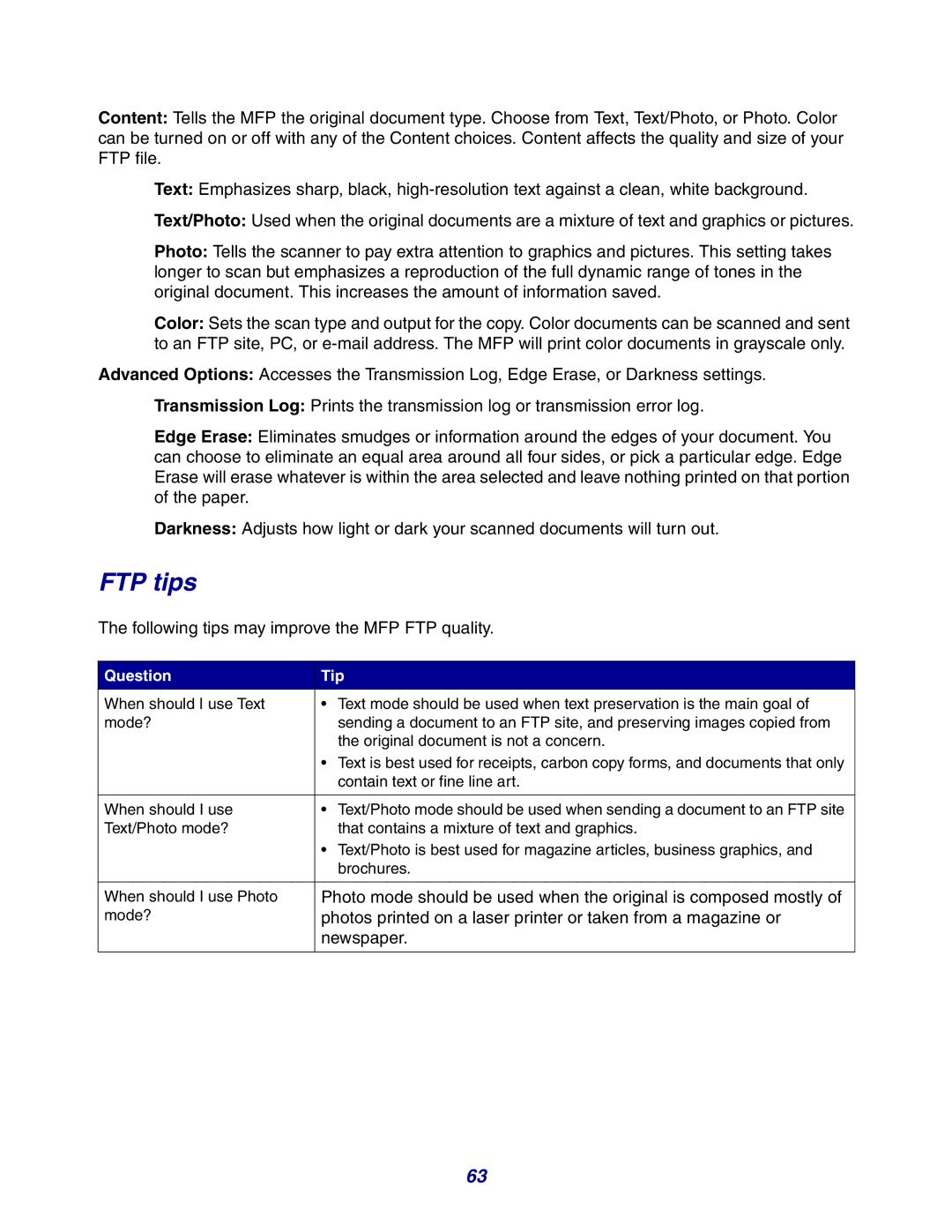 Lexmark X642e manual FTP tips, Following tips may improve the MFP FTP quality 