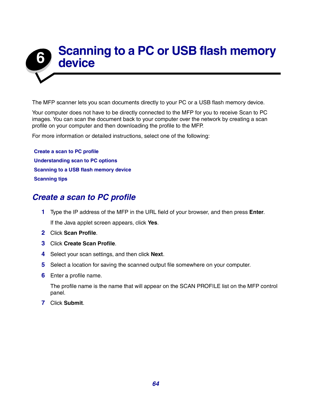 Lexmark X642e manual Create a scan to PC profile, Click Scan Profile Click Create Scan Profile 