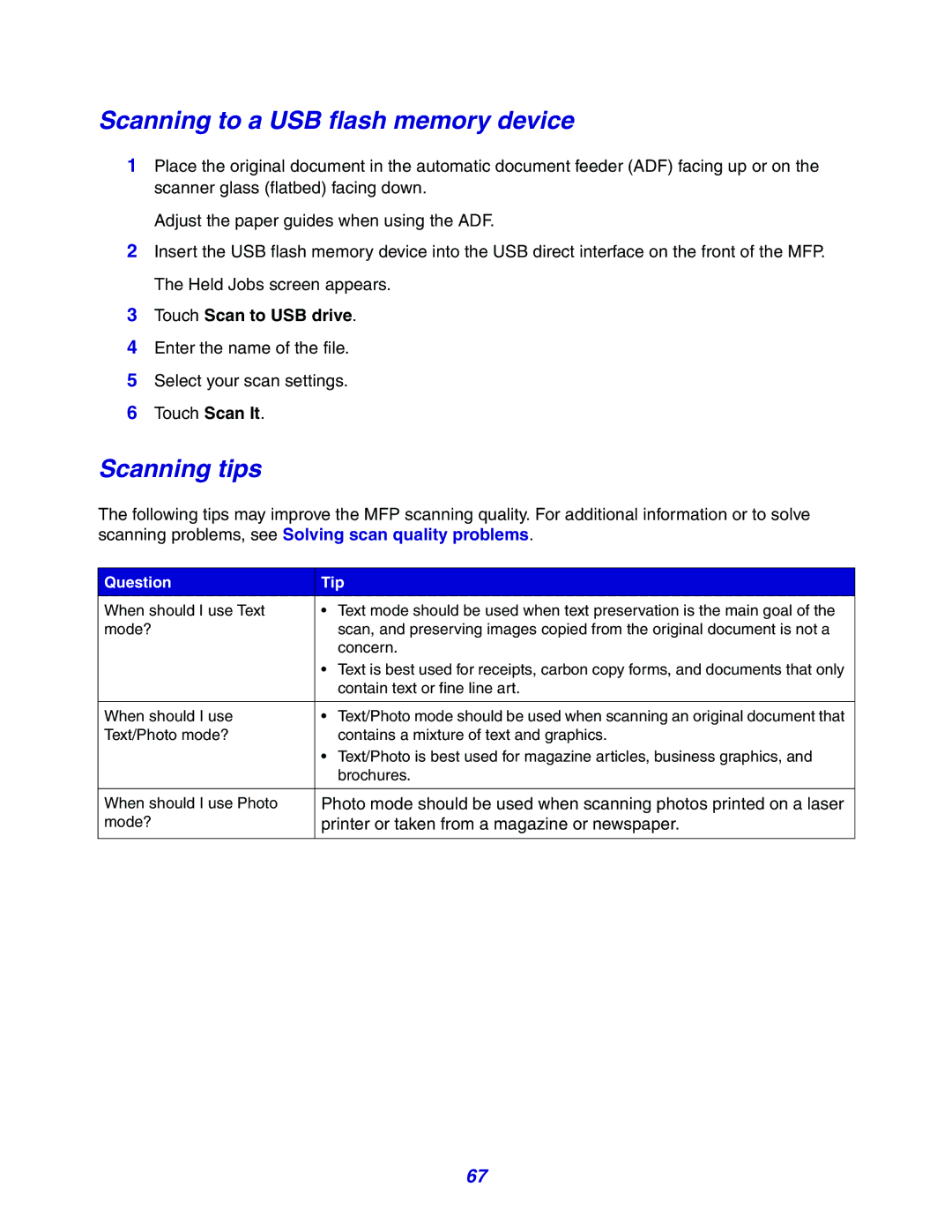 Lexmark X642e manual Scanning to a USB flash memory device, Scanning tips, Touch Scan to USB drive 