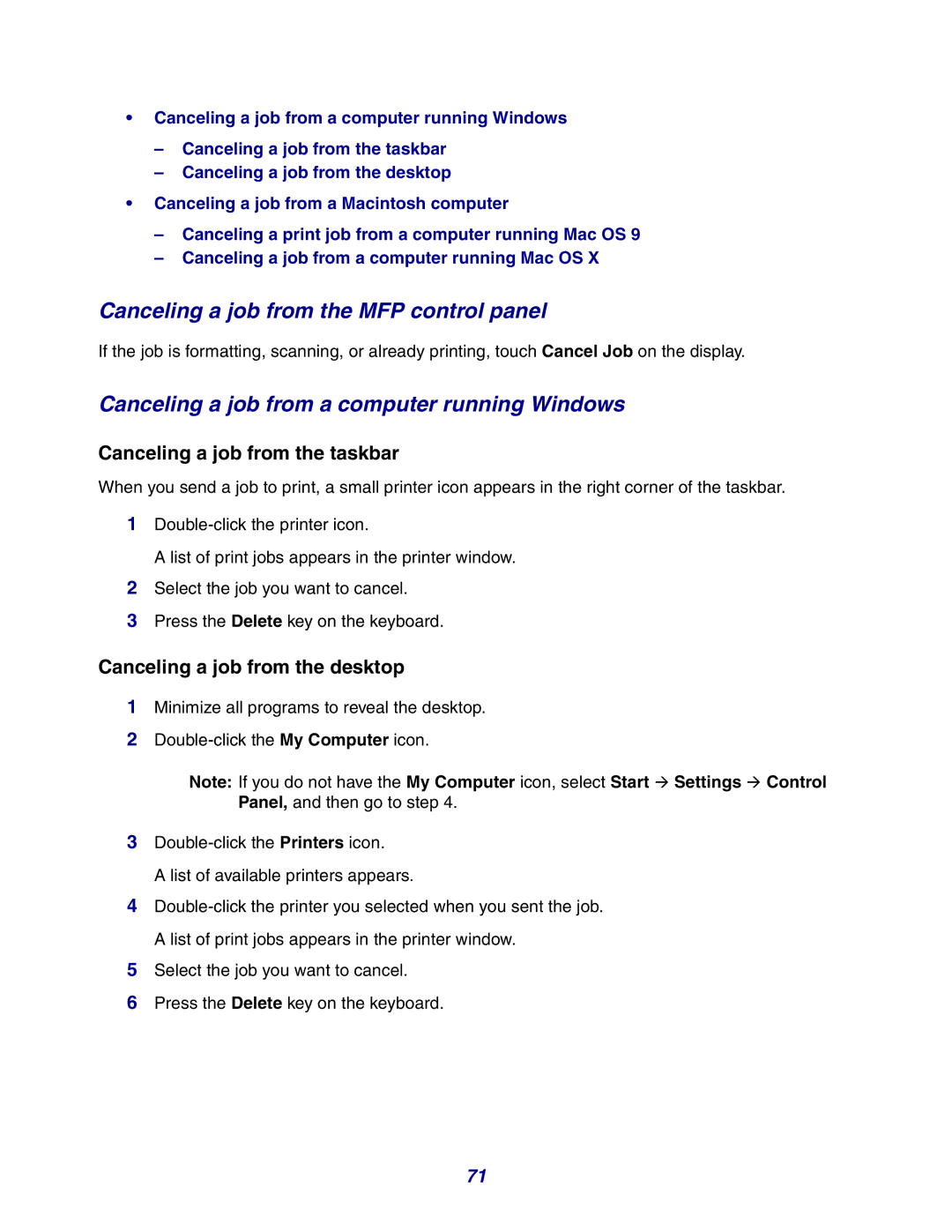 Lexmark X642e manual Canceling a job from the MFP control panel, Canceling a job from a computer running Windows 