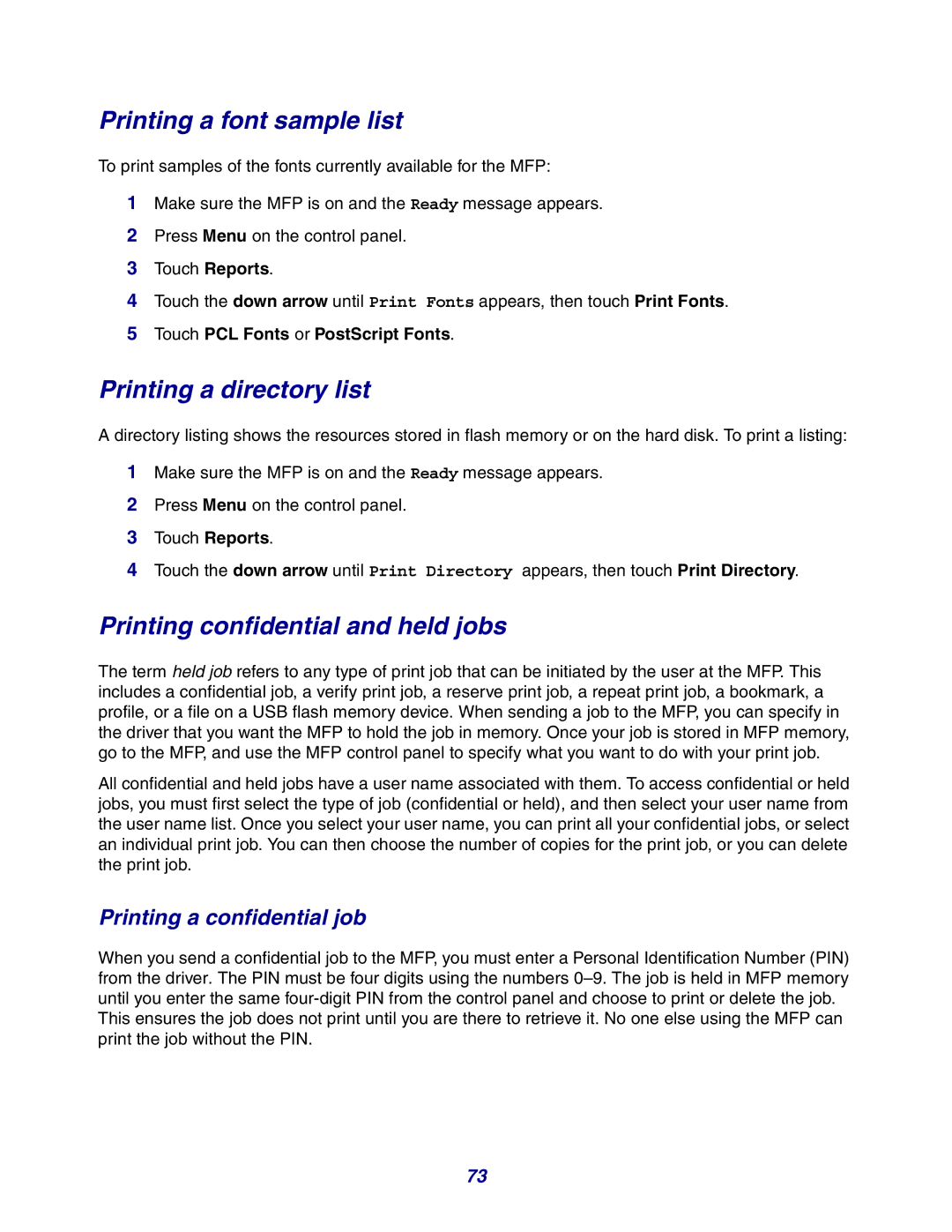 Lexmark X642e manual Printing a font sample list, Printing a directory list, Printing confidential and held jobs 