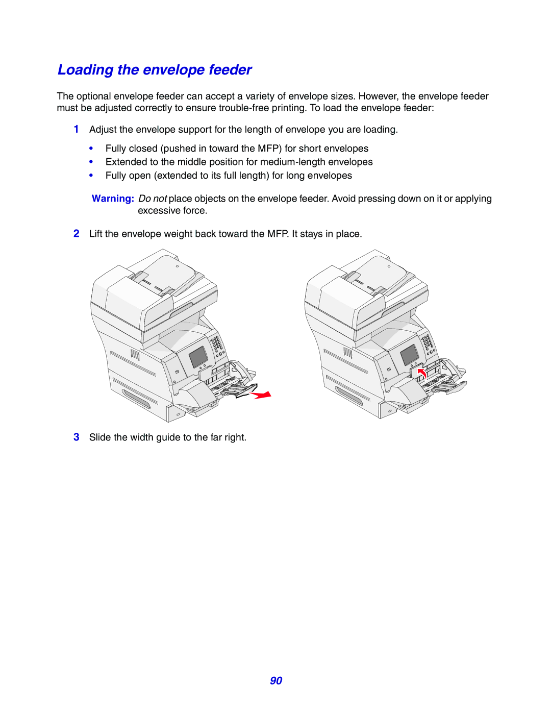 Lexmark X642e manual Loading the envelope feeder 