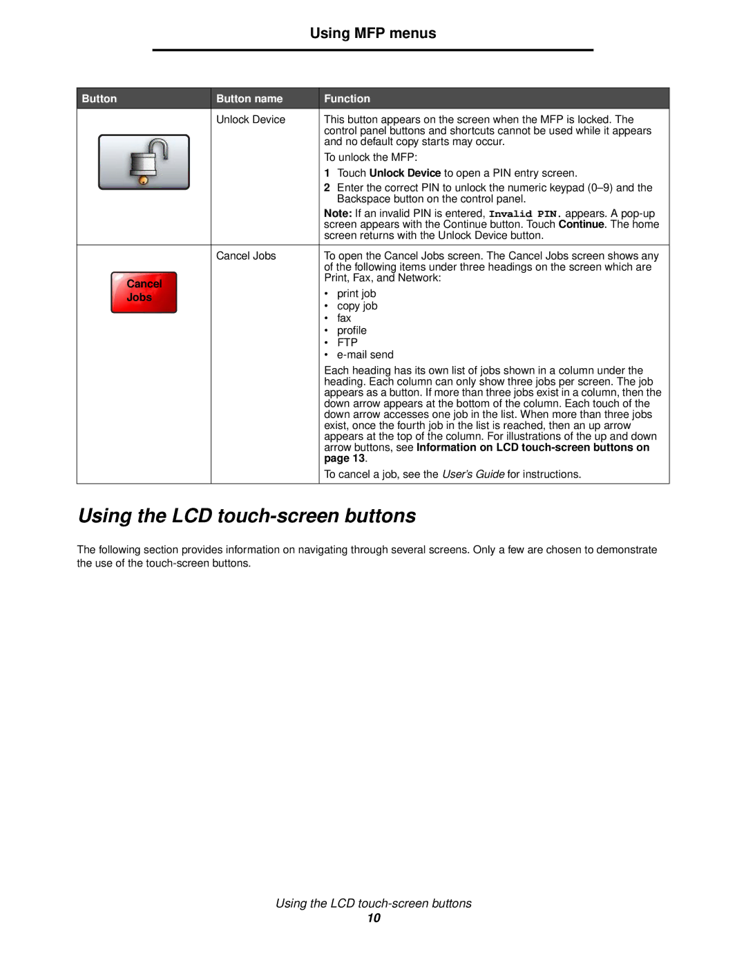 Lexmark X644E manual Using the LCD touch-screen buttons, Cancel, Jobs 