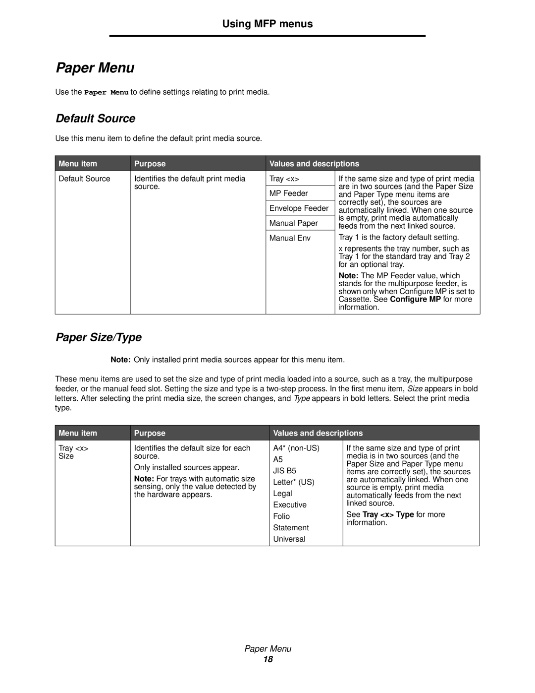 Lexmark X644E manual Paper Menu, Default Source, Paper Size/Type, Menu item Purpose Values and descriptions 