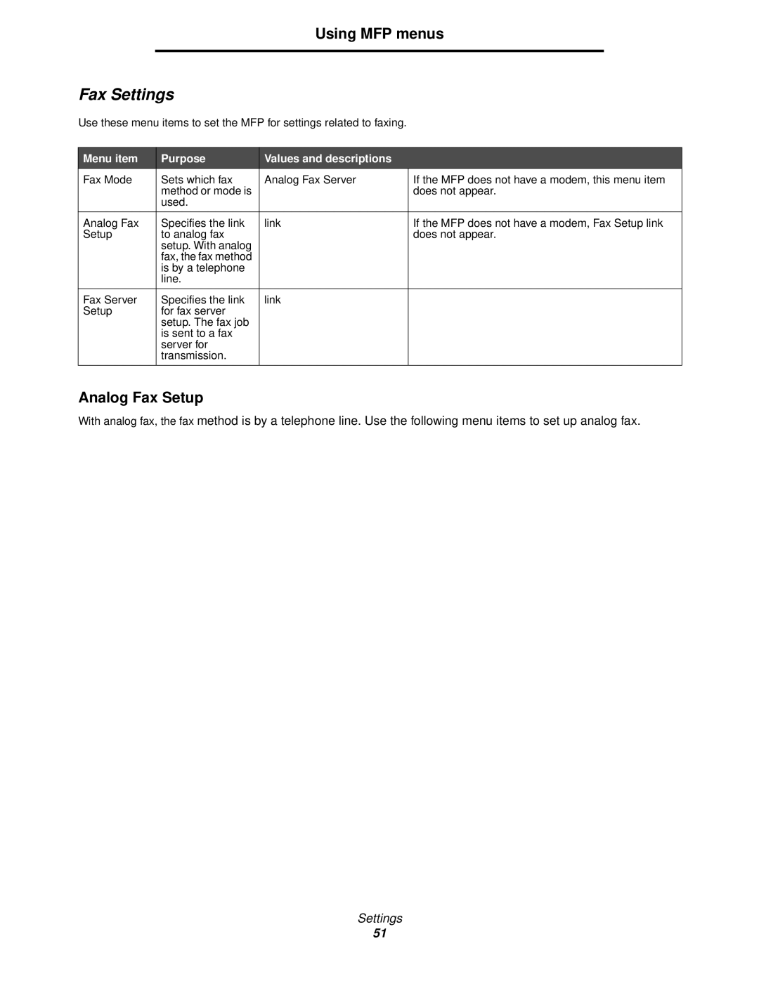 Lexmark X644E manual Fax Settings, Analog Fax Setup 