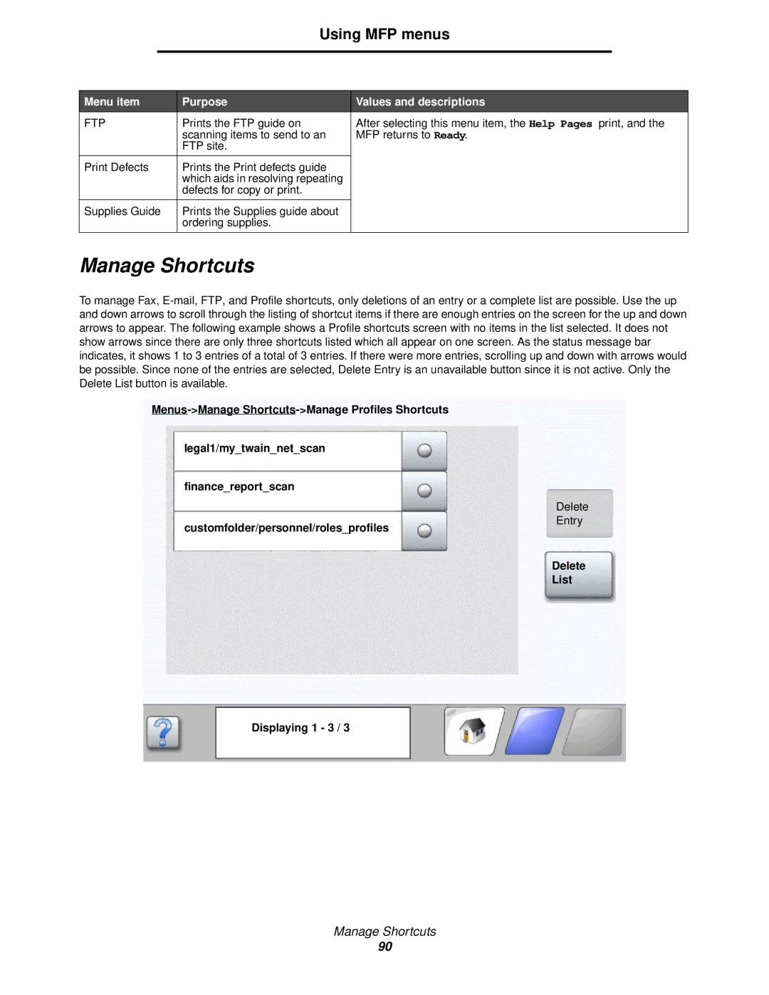 Lexmark X644E manual Manage Shortcuts, Delete List Displaying 1 3 