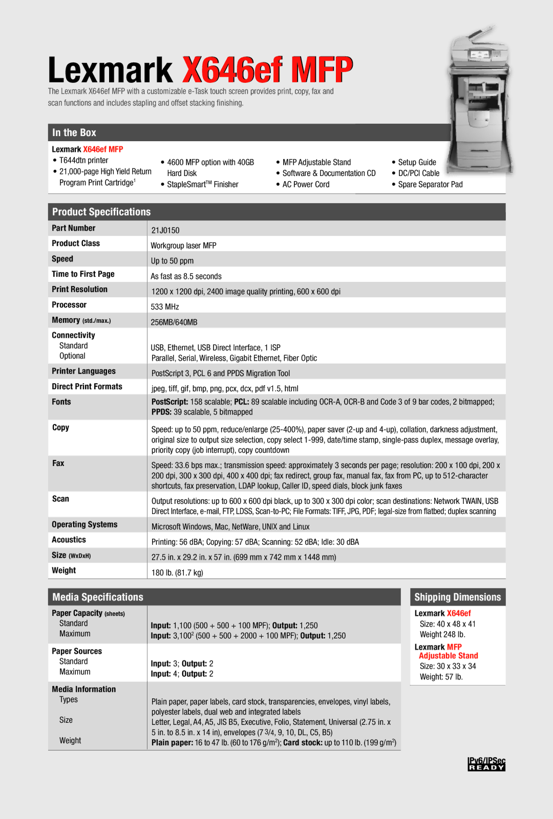 Lexmark X646ef manual Box, Shipping Dimensions 