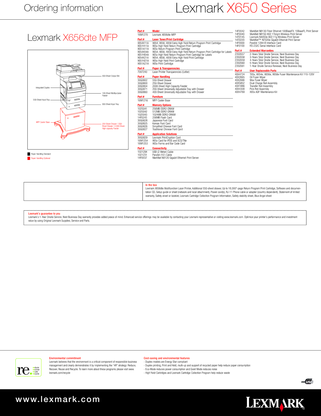 Lexmark X650 Series manual 30G0804 Sheet High Capacity Feeder 40X1886, Duplex models are Energy Star compliant 