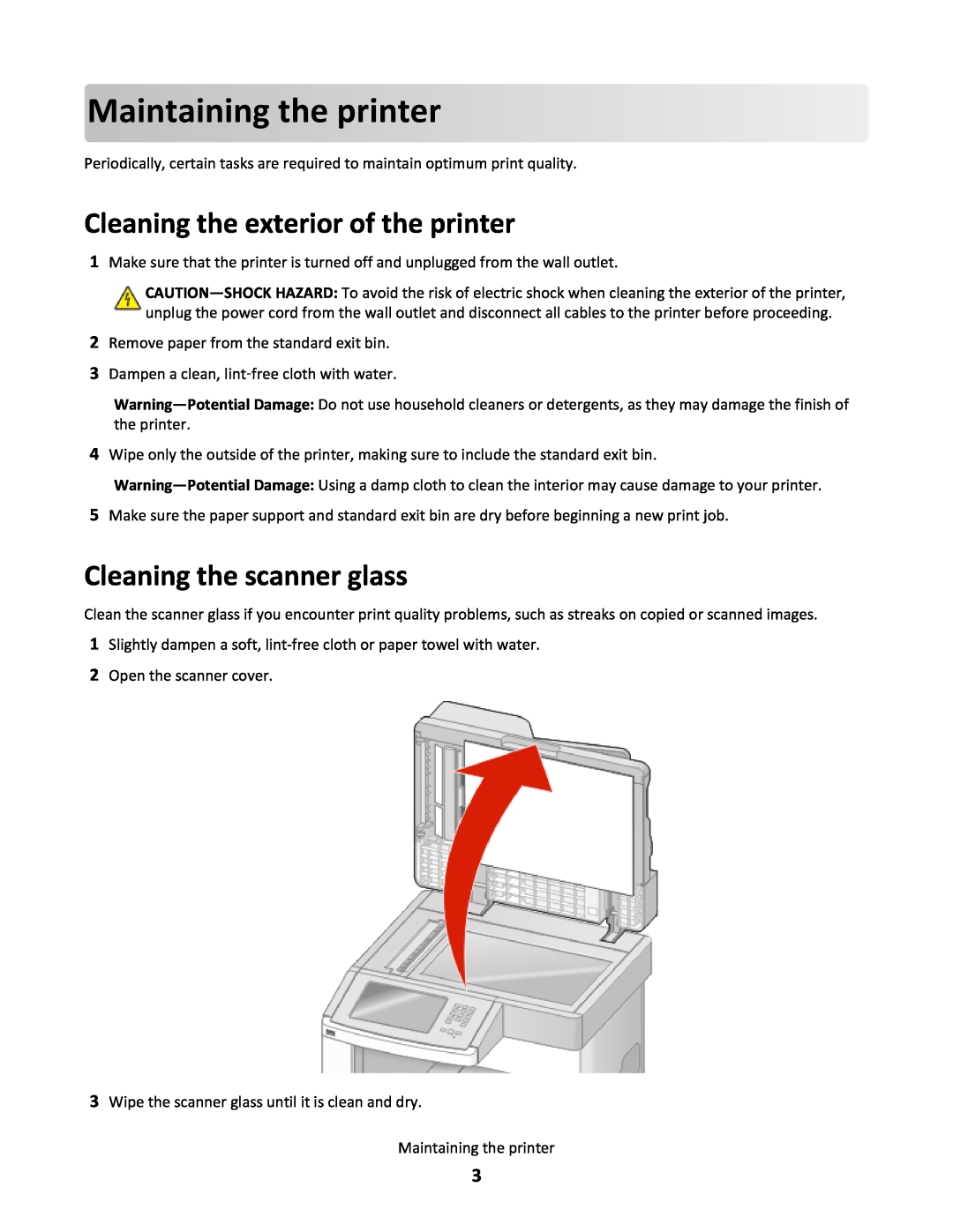 Lexmark 16M1265, X651de manual Maintaining the printer, Cleaning the exterior of the printer, Cleaning the scanner glass 