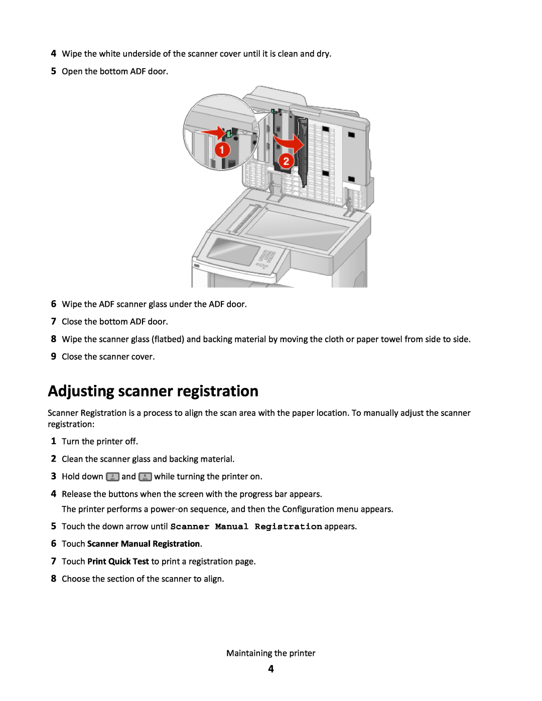 Lexmark X651de, 16M1265 manual Adjusting scanner registration, Touch Scanner Manual Registration 
