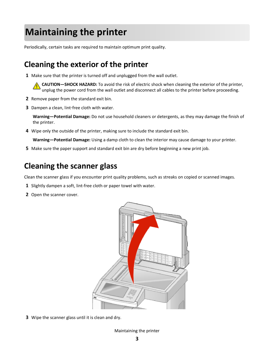 Lexmark 16M1265, X651de manual Cleaning the exterior of the printer, Cleaning the scanner glass 