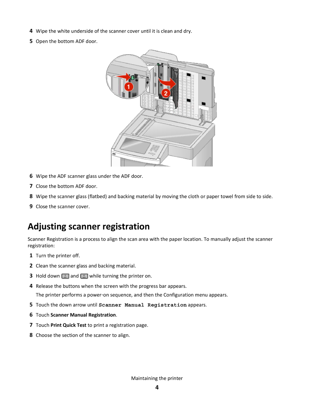 Lexmark X651de, 16M1265 manual Adjusting scanner registration, Touch Scanner Manual Registration 