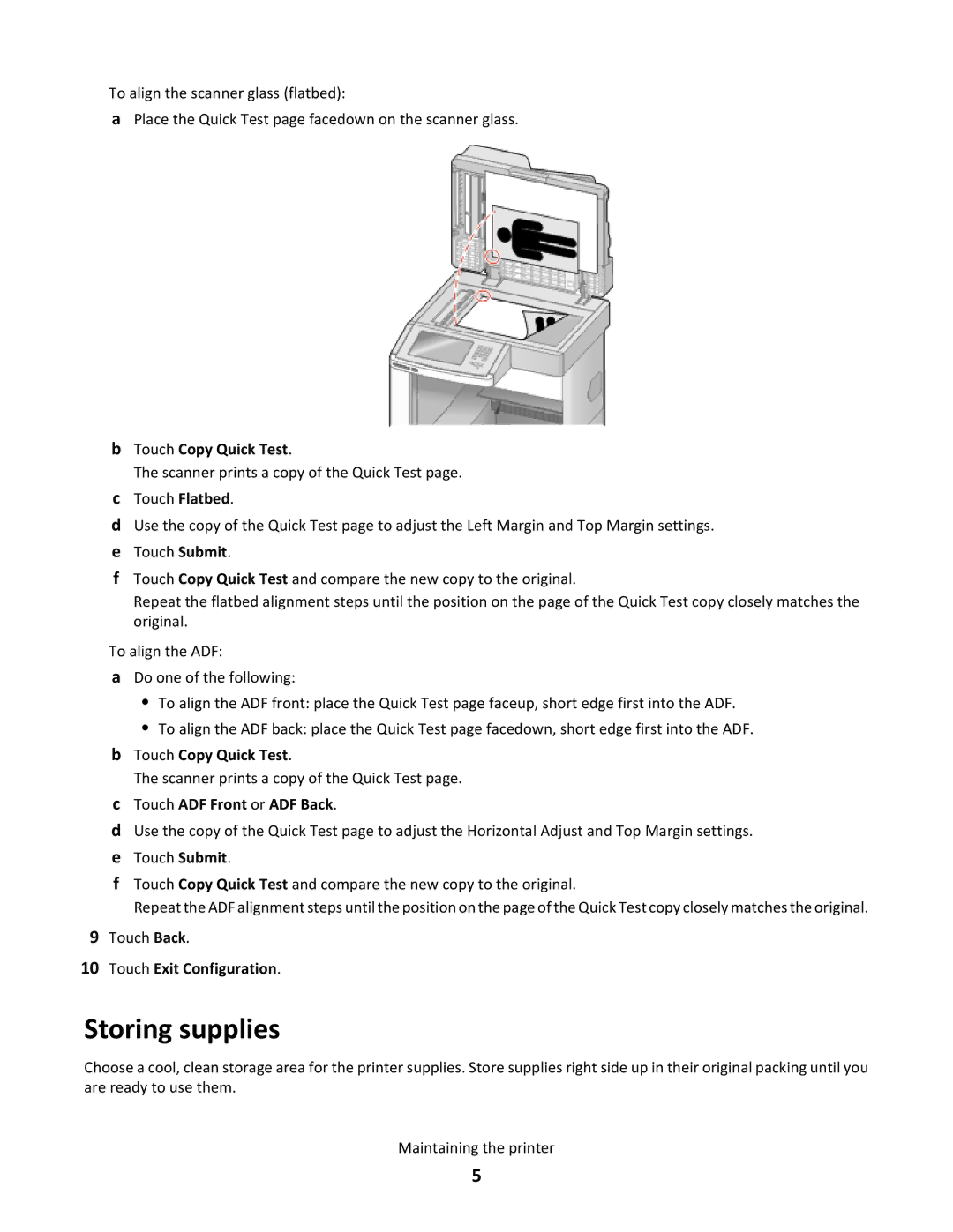 Lexmark 16M1265, X651de manual Storing supplies, Touch Copy Quick Test 