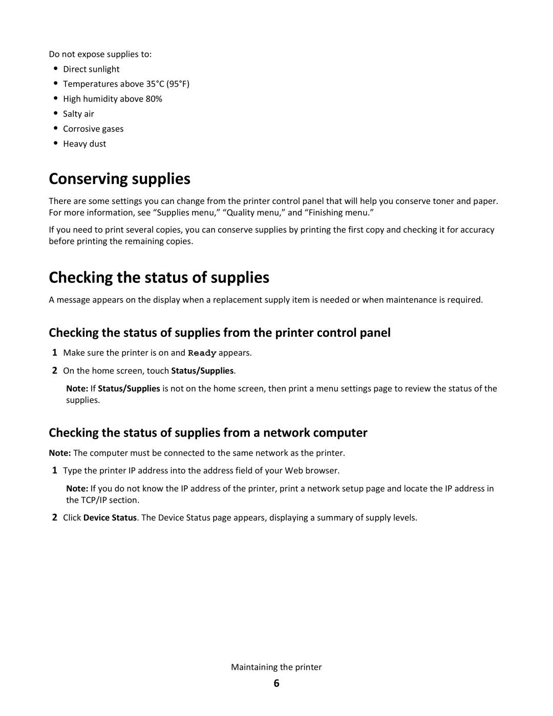 Lexmark X651de, 16M1265 manual Conserving supplies, Checking the status of supplies 