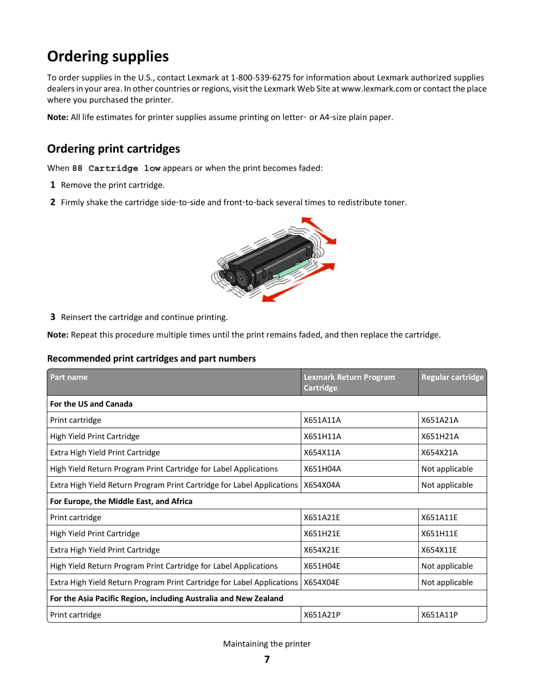 Lexmark 16M1265, X651de manual Ordering supplies, Ordering print cartridges 