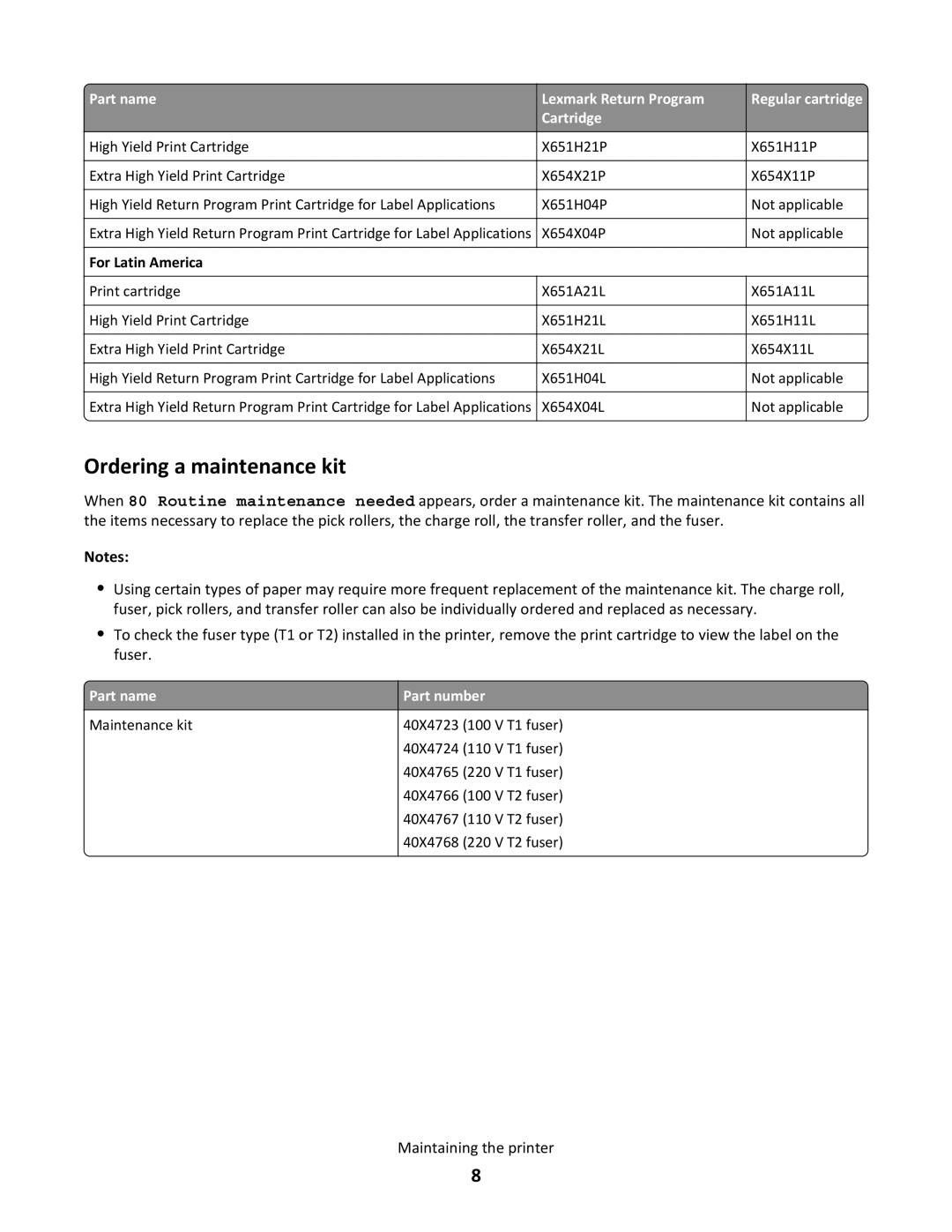 Lexmark X651de, 16M1265 manual Ordering a maintenance kit, For Latin America 