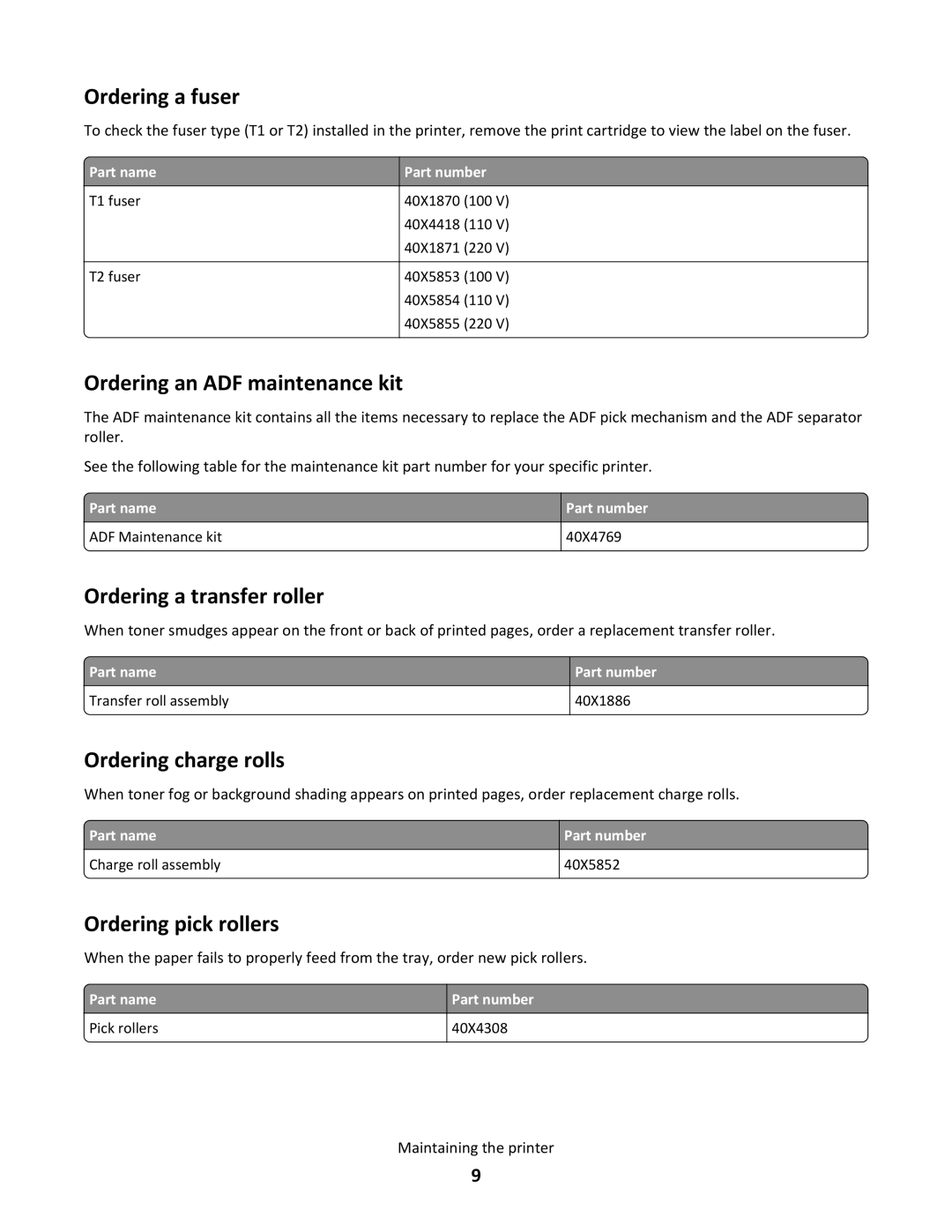 Lexmark 16M1265 manual Ordering a fuser, Ordering an ADF maintenance kit, Ordering a transfer roller, Ordering charge rolls 