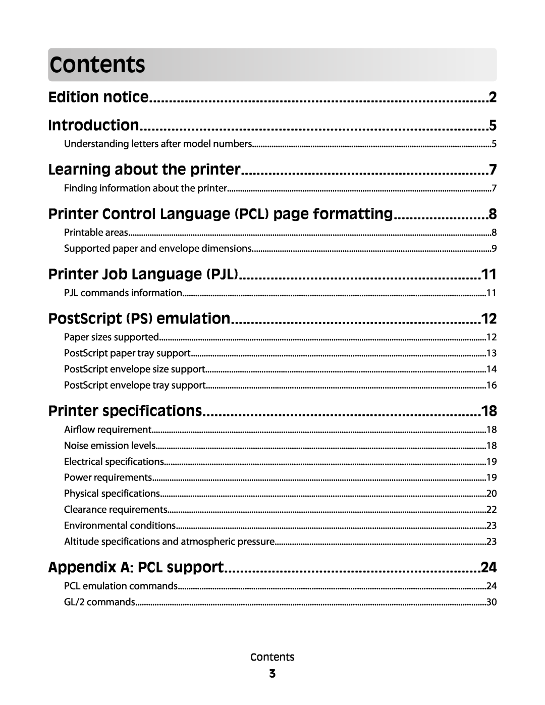 Lexmark X658 MFP manual Contents, Learning about the printer, Printer Control Language PCL page formatting, Edition notice 