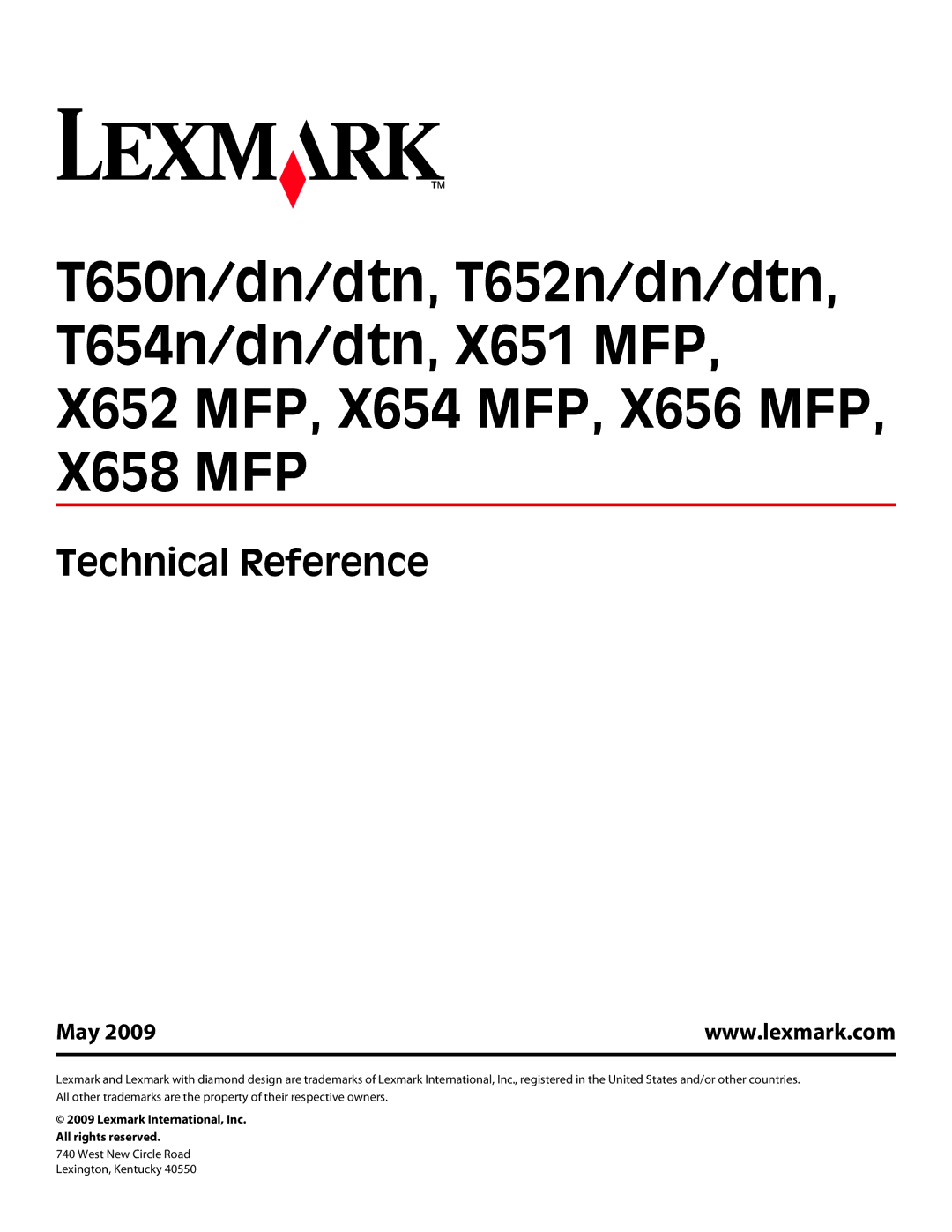 Lexmark X654 MFP, X652 MFP, X651 MFP, X658 MFP, X656 MFP manual Technical Reference, May 