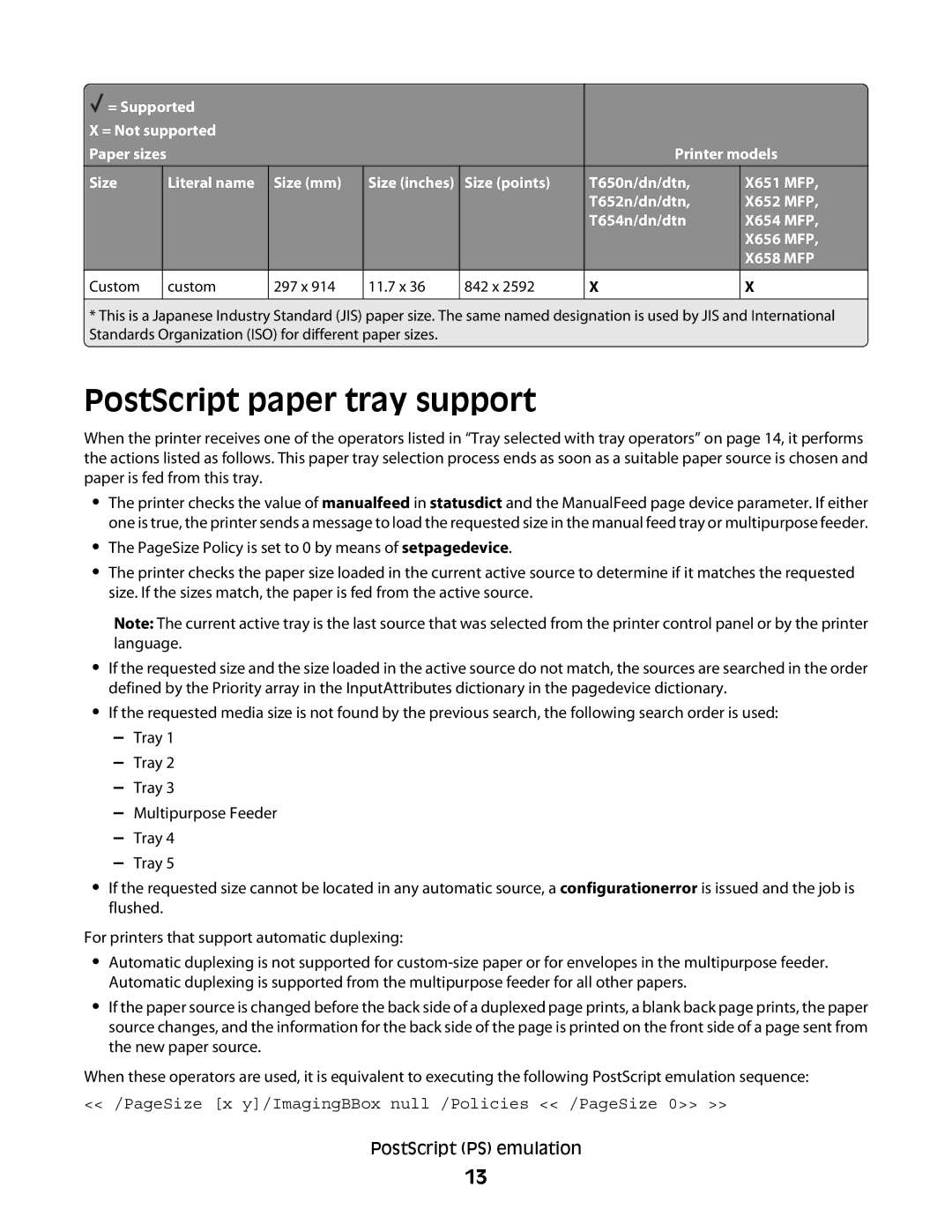 Lexmark X658 MFP, X652 MFP, X654 MFP, X651 MFP, X656 MFP manual PostScript paper tray support 