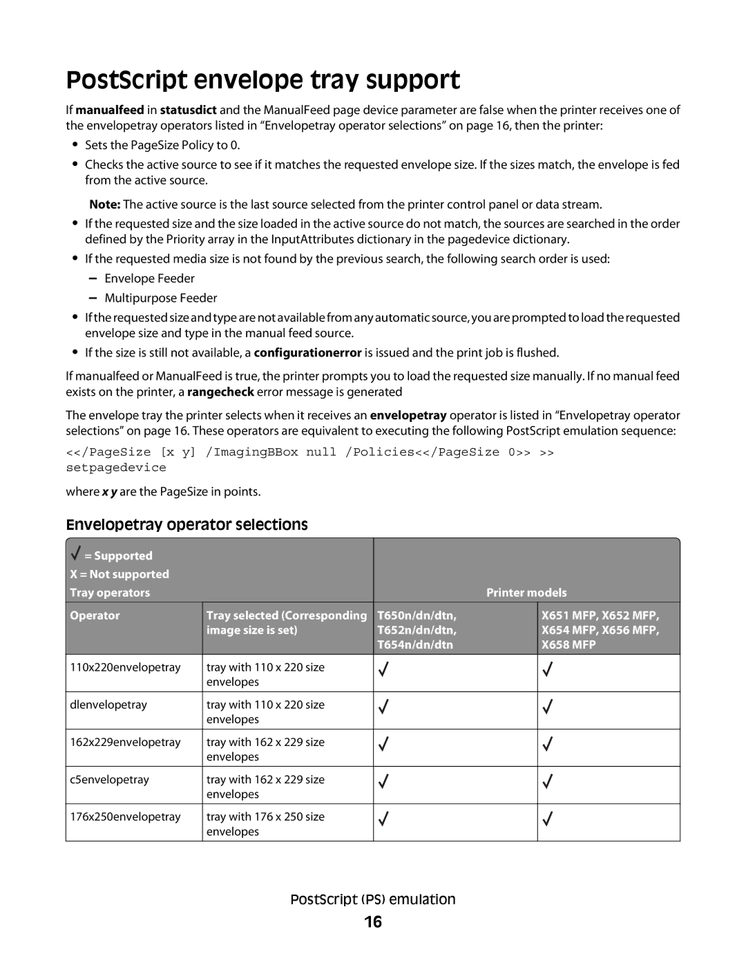 Lexmark X654 MFP, X652 MFP, X651 MFP, X658 MFP, X656 MFP PostScript envelope tray support, Envelopetray operator selections 